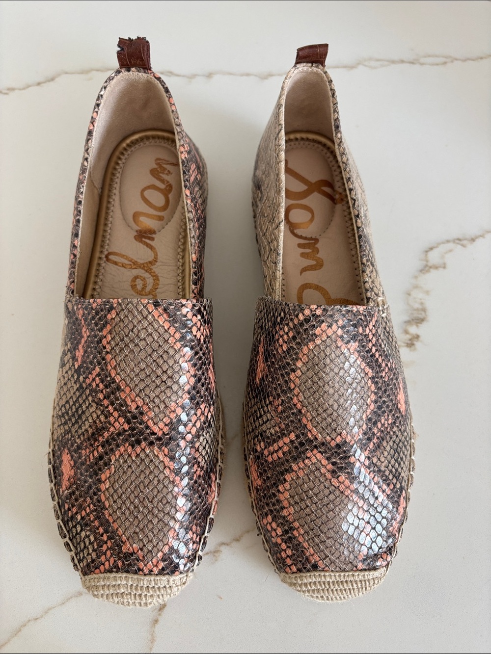 Sam Edelman Taupe and Pink Snake-Print Espadrille Slip-Ons